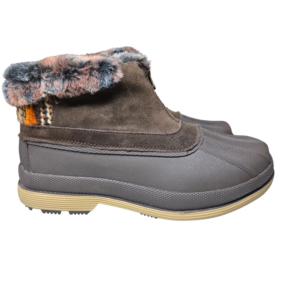 Propet Womens Duck Boots Brown Suede Faux Fur Trim Front Zip Winter Shoes Size 8